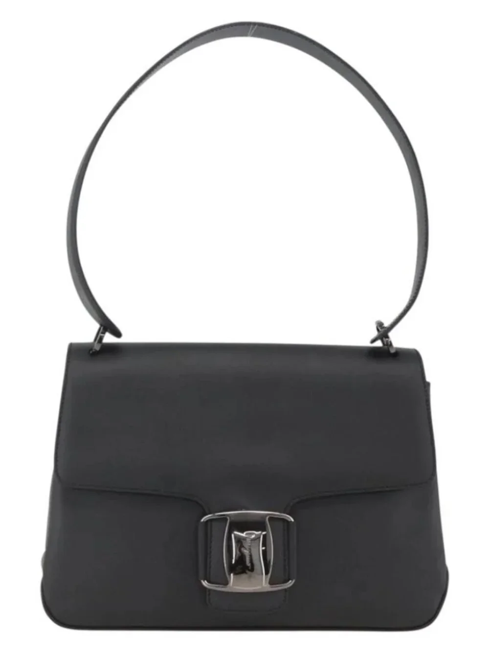 Salvatore Ferragamo Vala Shoulder Bag PVC Canvas Black Silver Auth gh1939